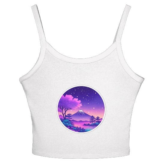 Japan Mount Fuji Night Sky Lo-Fi Art Retro Purple Women's Spaghetti Strap Tank Top