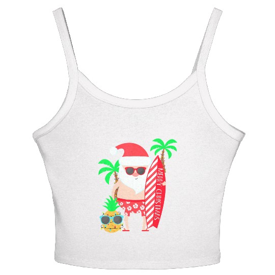 Santa Surfing Hawaiian Beach Christmas In July Women's Spaghetti Strap Tank Top