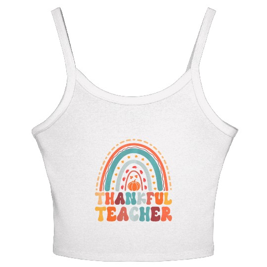 Thankful Teacher Pumpkin Autumn Leaves Rainbow Women's Spaghetti Strap Tank Top