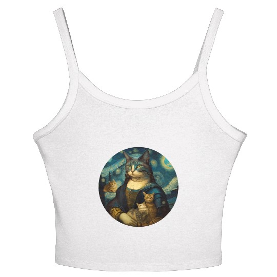 Mona Lisa With Cats Starry Night Van Gogh Painting Women's Spaghetti Strap Tank Top