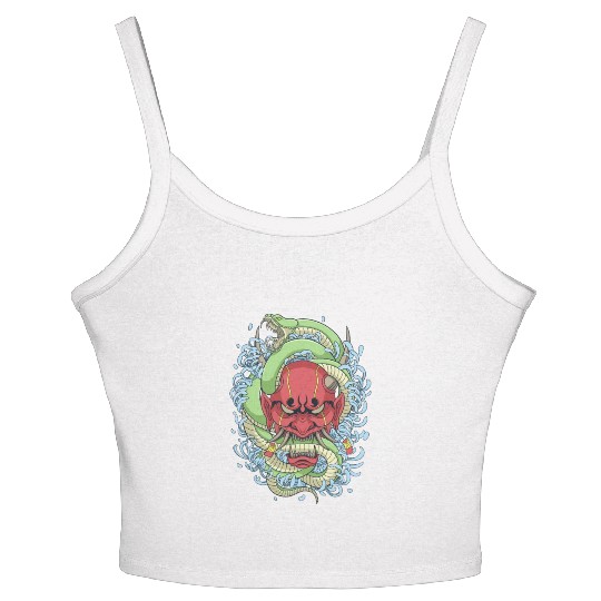 Japanese oni mask with peony flower and greem snak Women's Spaghetti Strap Tank Top