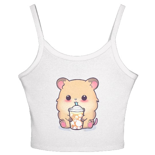 Kawaii hamster with bubble tea Women's Spaghetti Strap Tank Top
