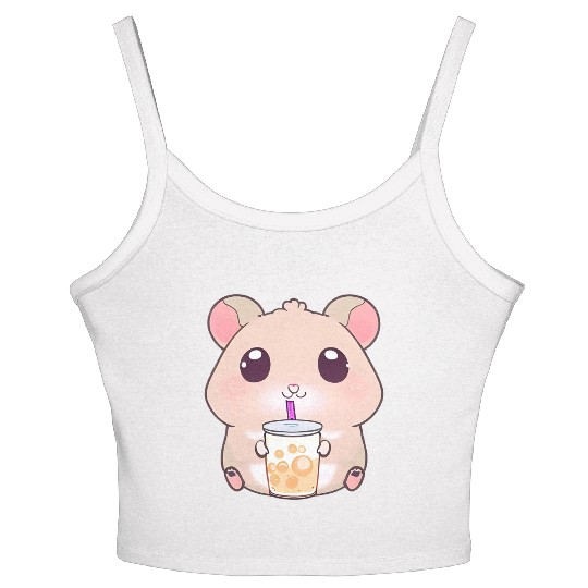 Kawaii hamster with bubble tea Women's Spaghetti Strap Tank Top