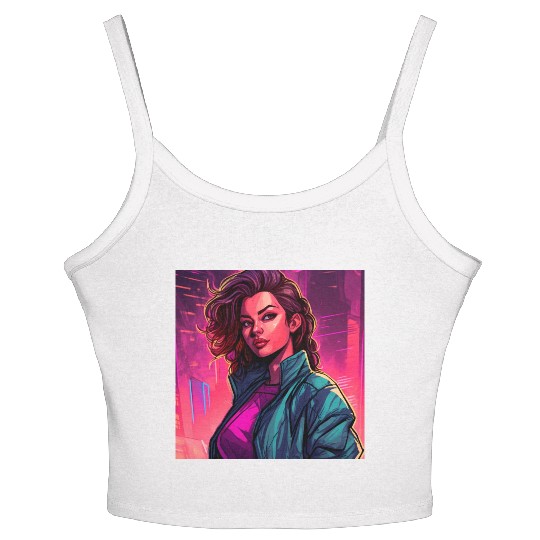 Synthwave City Bloom - Neon Pink Cityscape Women's Spaghetti Strap Tank Top