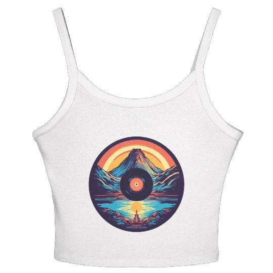 Retro Mountain Landscape: Vinyl Meets Art Women's Spaghetti Strap Tank Top