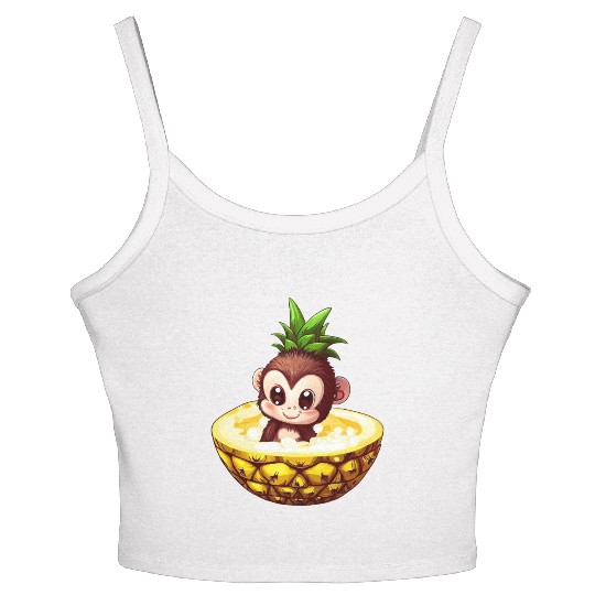 Monkey Chimpanzee with Pineapple, Funny Tropical Women's Spaghetti Strap Tank Top