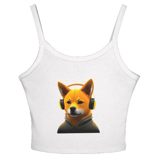 Running Shiba Inu with Headphones, Athletic Dog Women's Spaghetti Strap Tank Top