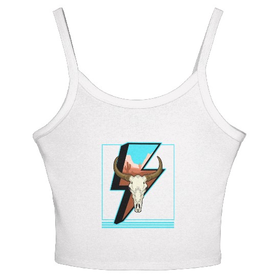 Cowboy Women's Spaghetti Strap Tank Top, Lightning Cow Skull Dessert Cactus