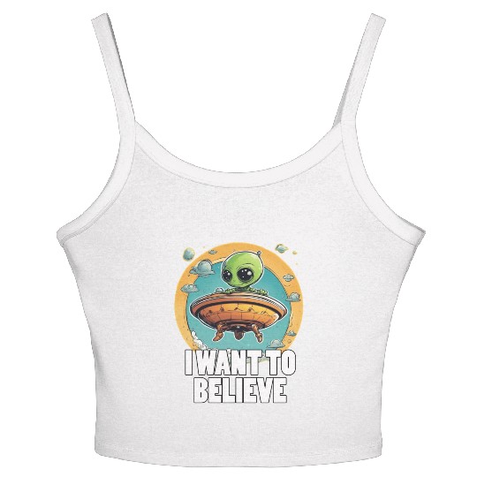 I WANT TO BELIEVE cute alien in spaceship Women's Spaghetti Strap Tank Top