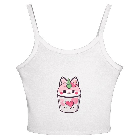 Cat Strawberry Milk Shake Kawaii Women's Spaghetti Strap Tank Top
