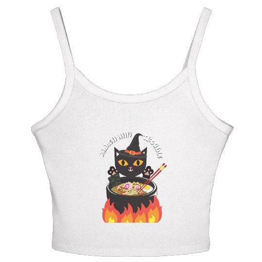 Halloween Black Cat, Ramen and Trouble Women's Spaghetti Strap Tank Top