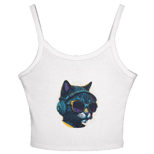 Cool Sunglasses Headphone Galaxy Cat Women's Spaghetti Strap Tank Top
