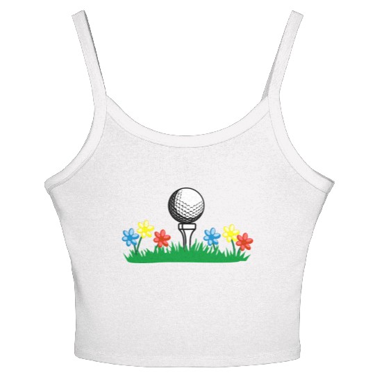 Golf ball on grass field with flowers Women's Spaghetti Strap Tank Top