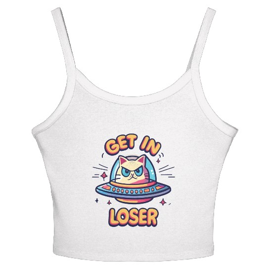 Get In Loser Angry Cat in a UFO Women's Spaghetti Strap Tank Top