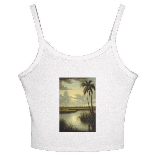 Tropical Landscape with Palm Tree and Water Women's Spaghetti Strap Tank Top