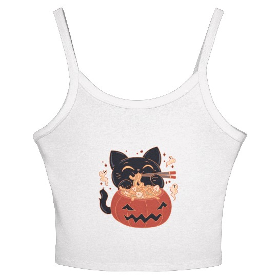 Kawaii Creepy black Cat Eating Ramen Noodles Women's Spaghetti Strap Tank Top