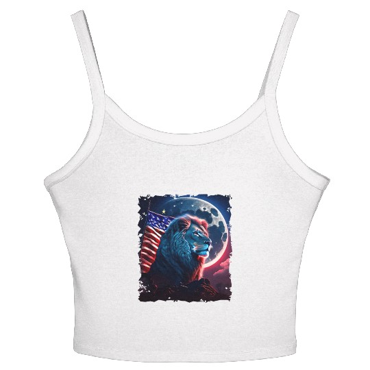 America lion under Moon with American Flag Women's Spaghetti Strap Tank Top