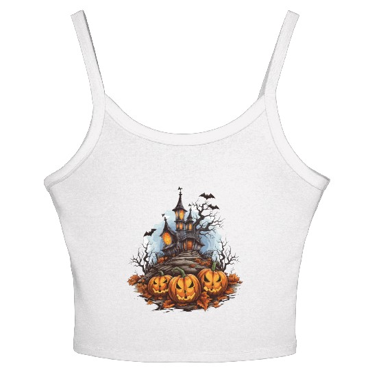 Halloween Pumpkin Bat Spell Haunted House Women's Spaghetti Strap Tank Top