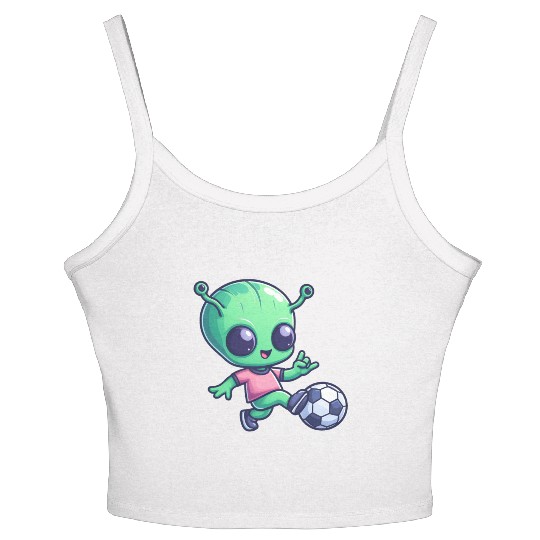 Soccer Playing Alien: Green Galaxy Meets Pitch Women's Spaghetti Strap Tank Top