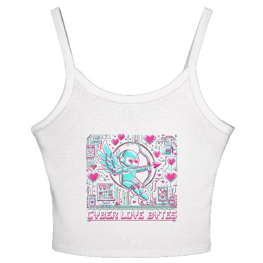 Cyber Love Bytes 8bit Cupid Robot and Neon Hearts Women's Spaghetti Strap Tank Top