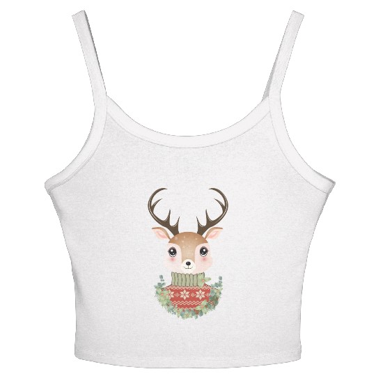 cute deer with sweater and Christmas wreath Women's Spaghetti Strap Tank Top