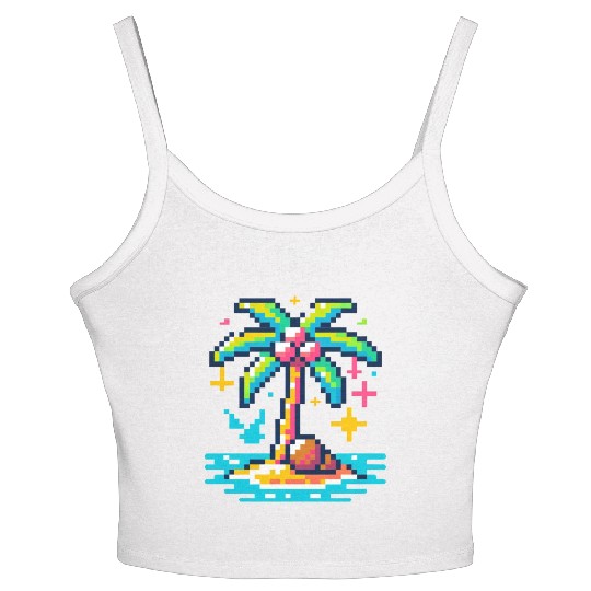 Digital Beach Getaway: Pixel Palm Paradise Women's Spaghetti Strap Tank Top