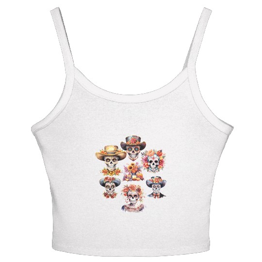 Vintage Mexican Day of the Dead Art Sugar Skulls Women's Spaghetti Strap Tank Top