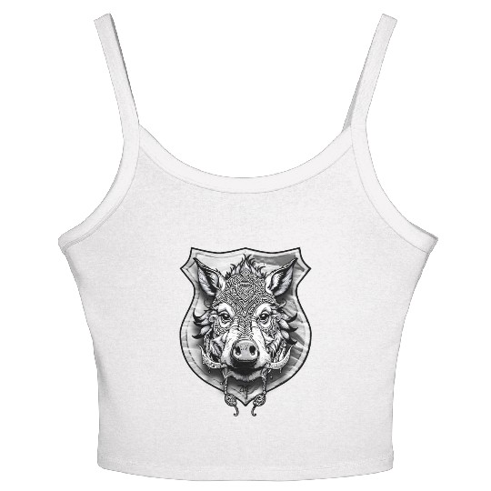 shield with wild boar head - DIGITAL - grayscale Women's Spaghetti Strap Tank Top