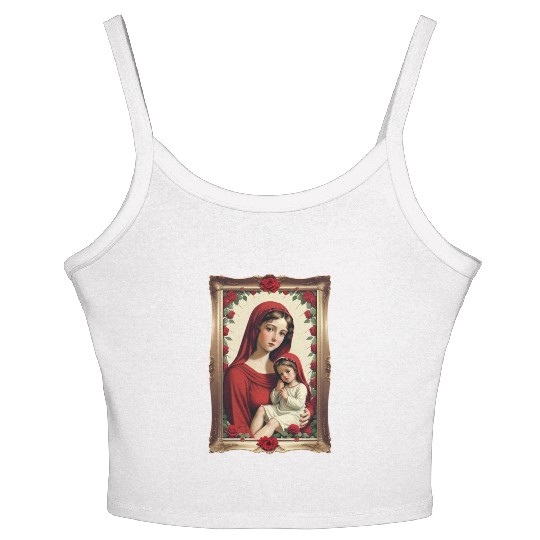 Mother Mary and Baby Jesus in a Frame with Roses Women's Spaghetti Strap Tank Top