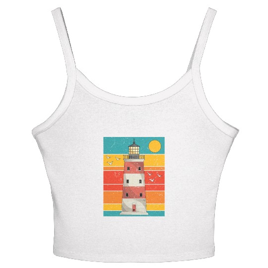 Retro full moon sea gift lighthouse Women's Spaghetti Strap Tank Top
