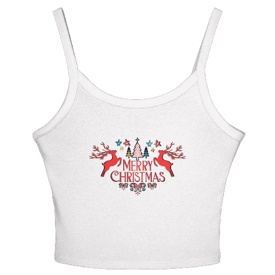 Happy Christmas Two Deer's and tree red color logo Women's Spaghetti Strap Tank Top