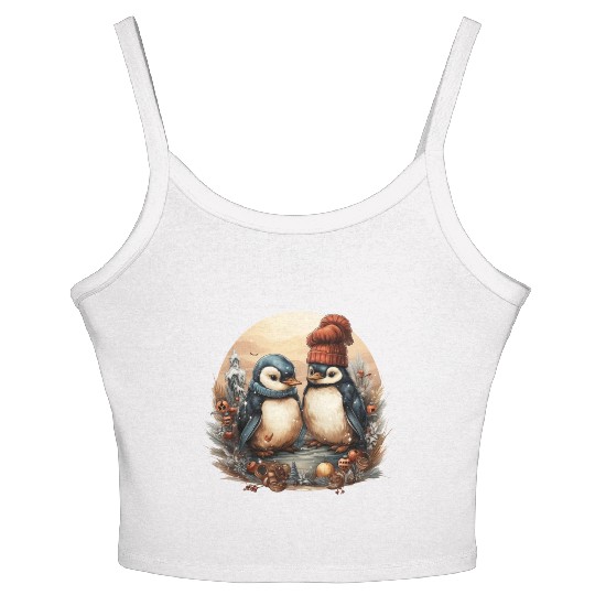Adorable penguins in Christmas sweaters decorating Women's Spaghetti Strap Tank Top