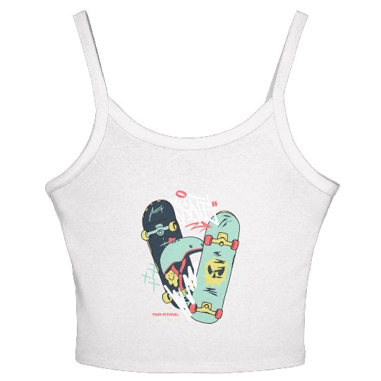 Black Light Green Modern Illustrated Skateboard Women's Spaghetti Strap Tank Top