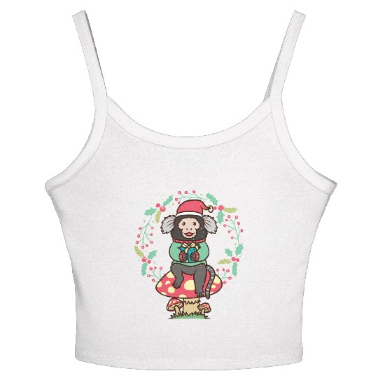 Marmoset Monkey On Mushroom Christmas Wreath Women's Spaghetti Strap Tank Top