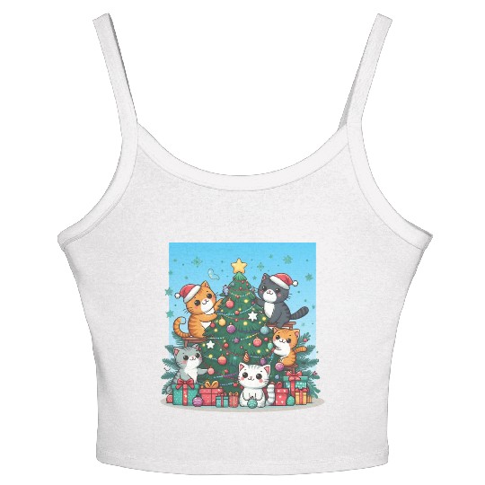 Kittens decorate a Christmas tree Women's Spaghetti Strap Tank Top