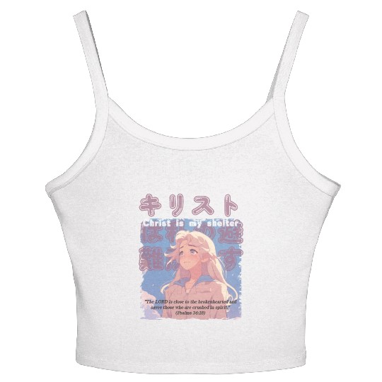 Christian Manga with Kanjis - Christ is My Shelter Women's Spaghetti Strap Tank Top