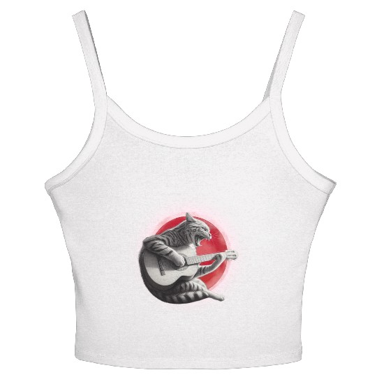 Rock Cat Playing Guitar Women's Spaghetti Strap Tank Top under the red moon