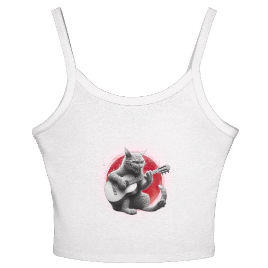 Rock Cat Playing Guitar Women's Spaghetti Strap Tank Top under the red moon