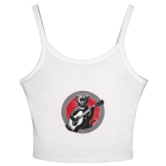 Rock Cat Playing Guitar Women's Spaghetti Strap Tank Top under the red moon