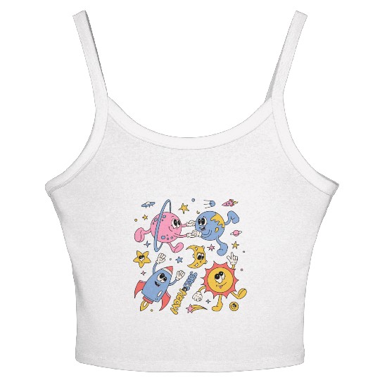 Solar System Planets Moon Sun Saturn Cute Groovy Women's Spaghetti Strap Tank Top