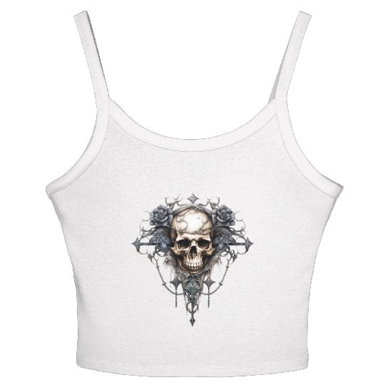 Gothic Art Print with Skull and Roses Women's Spaghetti Strap Tank Top
