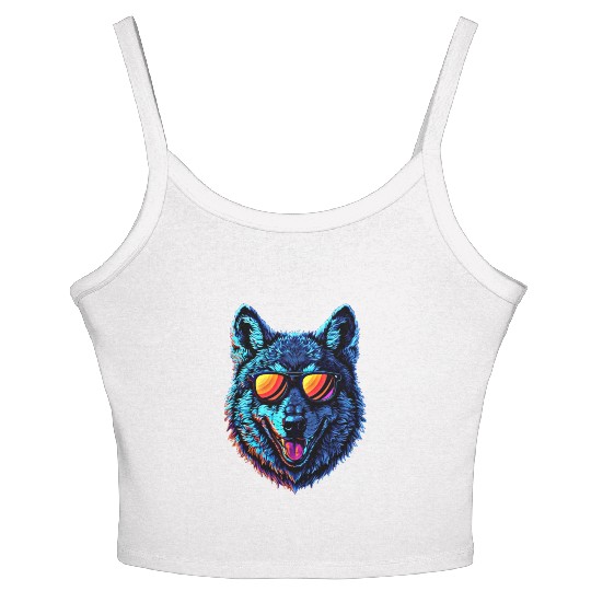 Cool Wolf Face Blue Wolf Wearing Sunglasses Women's Spaghetti Strap Tank Top