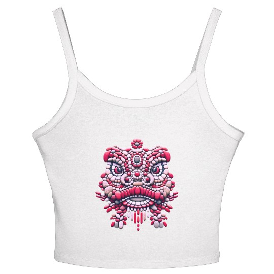 Chinese New Year - Pink Peony Lion Dance Mask Women's Spaghetti Strap Tank Top