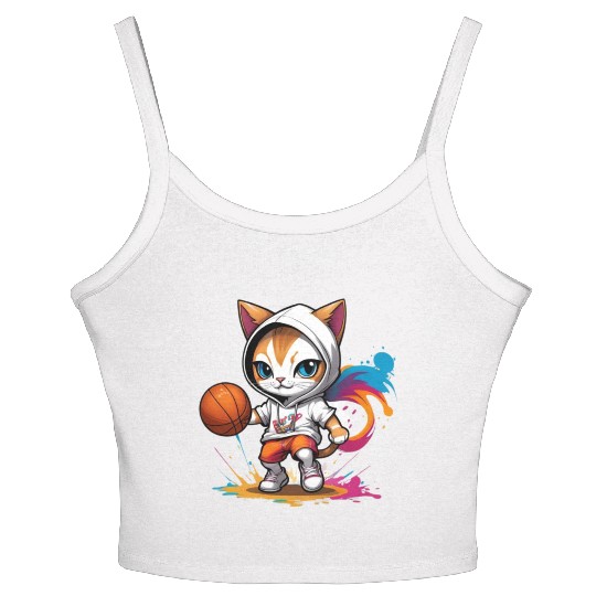 cute cat in Women's Spaghetti Strap Tank Top is playing basketball