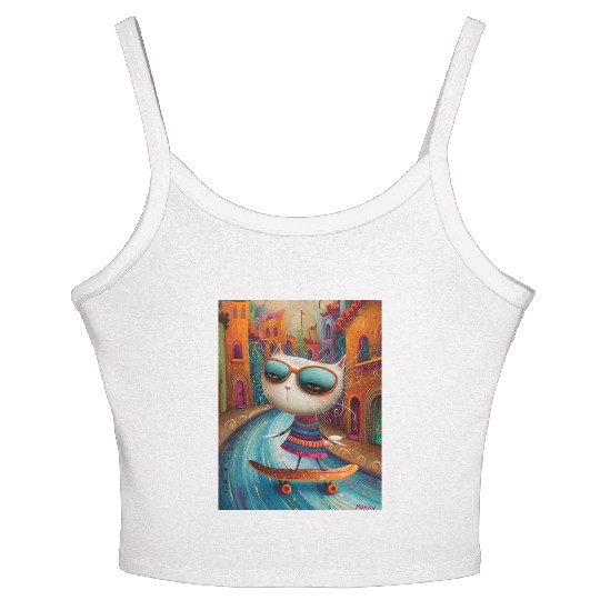 A Cat's Skateboarding Adventure through Naive Art Women's Spaghetti Strap Tank Top