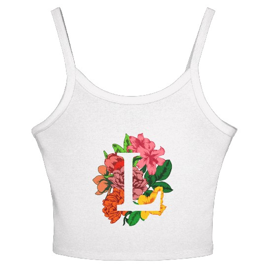 Capital letter L monogram with peony, lily flowers Women's Spaghetti Strap Tank Top