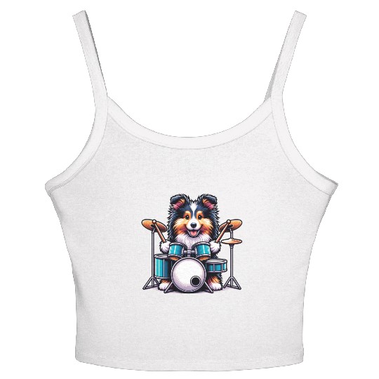 Cool Sheltie Puppy Drummer Design Women's Spaghetti Strap Tank Top