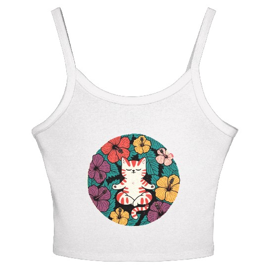 Zen Hibiscus Cat Women's Spaghetti Strap Tank Top