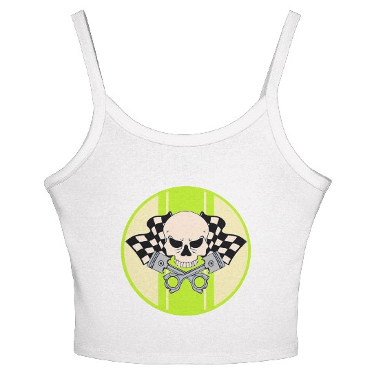 Light green racing stripe with skull and pistons Women's Spaghetti Strap Tank Top