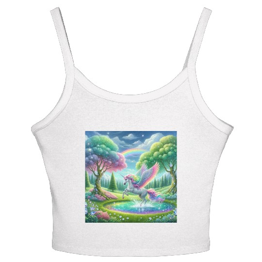 Enchanted Rainbow Unicorn Over Sparkling Pond Women's Spaghetti Strap Tank Top